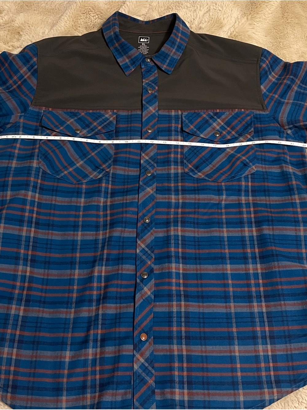 REI Blue and Rust Plaid Button-Down Shirt with Black Yoke